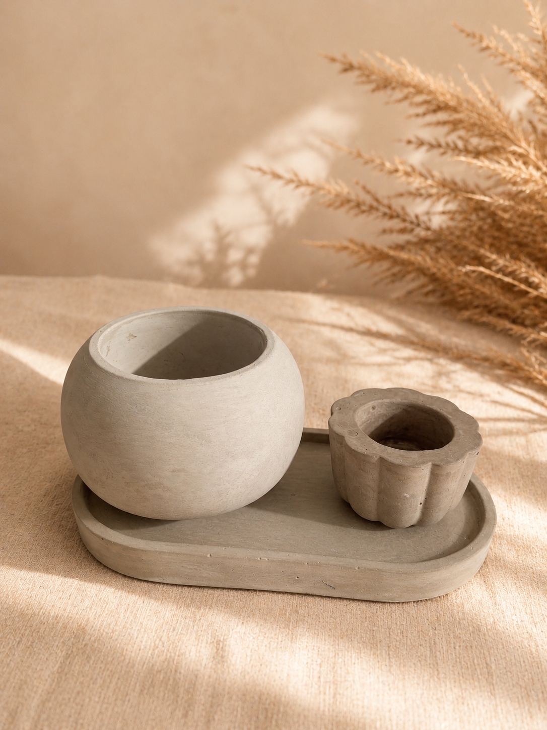 Set Decorativo Obra Gris Orbe (Cuenco Orbe + Portavelas Dalia + Bandeja Luna)